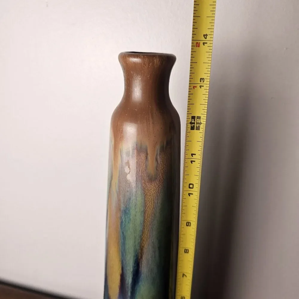 Art Pottery Drip Glaze Vase Iridescent Stoneware Signed 14